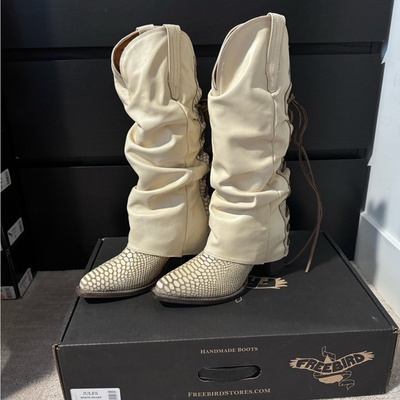 Freebird Cream and Tan Over the Knee Boots - Picture 2 of 4